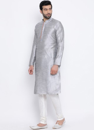 Plain Dupion Silk Kurta Pyjama in Grey