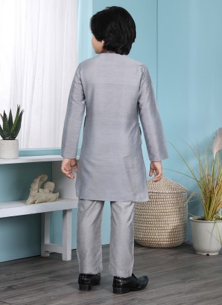 Plain Work Cotton Silk Grey Kurta Pyjama