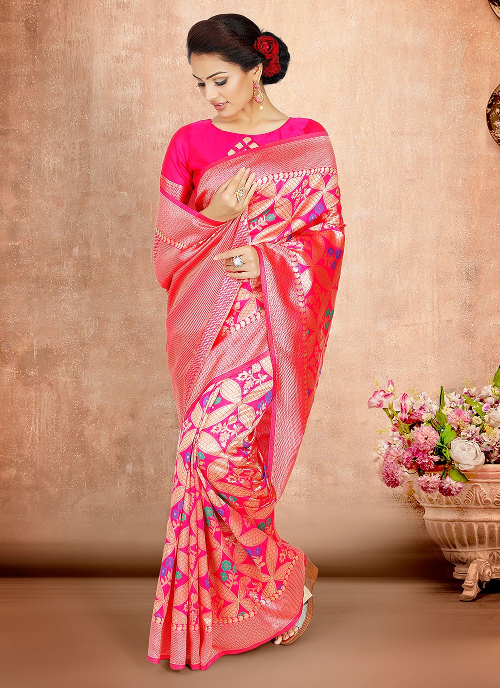 Poly Silk Pink Weaving Traditional Designer Saree