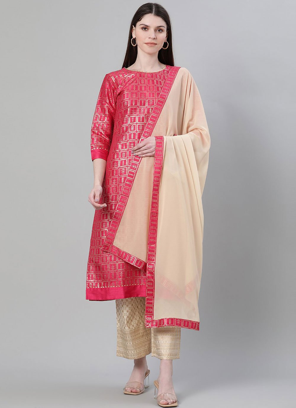 Poly Silk Print Pink Bollywood Salwar Kameez