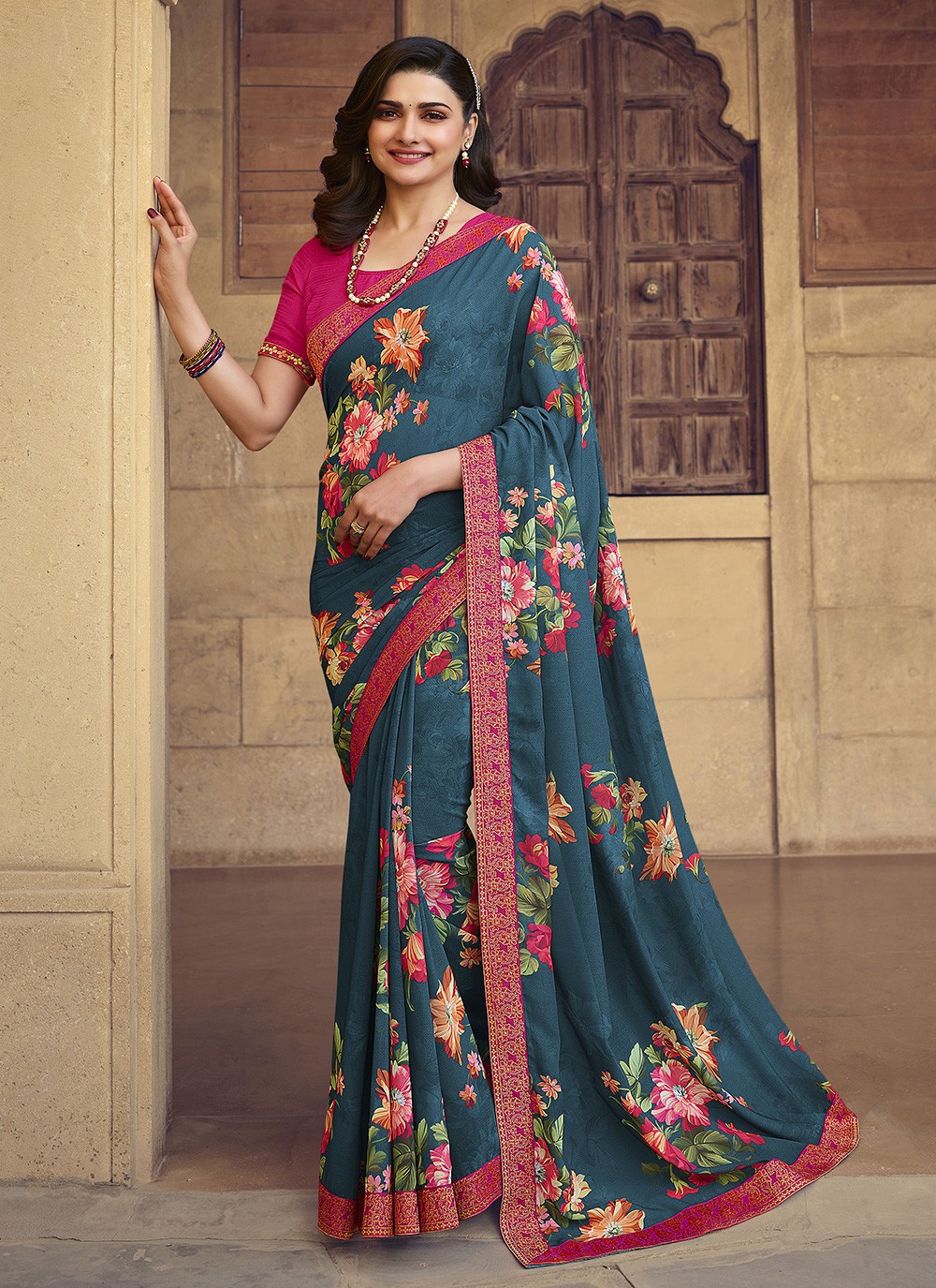 Prachi Desai Multi Colour Faux Georgette Abstract Printed Saree