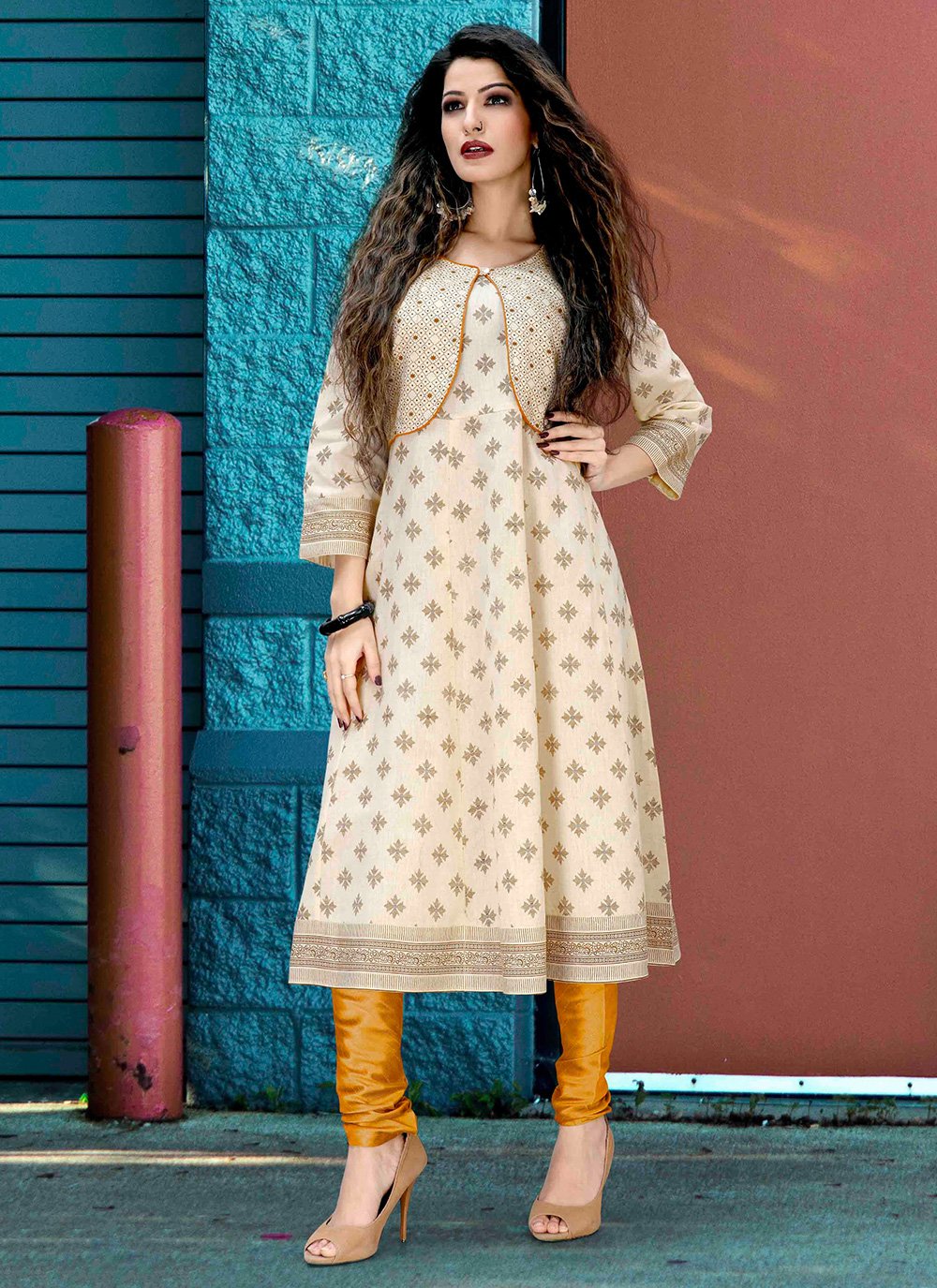 Print Blended Cotton Party Wear Kurti in Cream