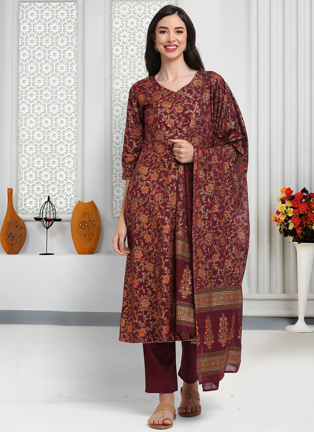 Print Cotton Pant Style Suit in Brown
