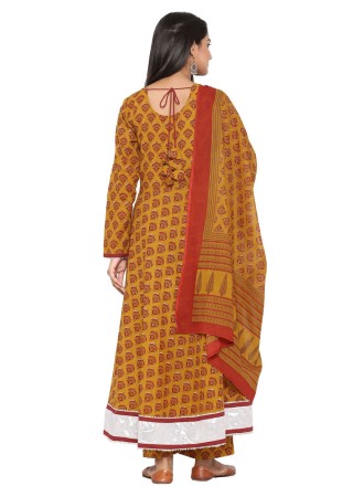 Print Cotton Readymade Suit in Mustard