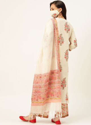 Print Cotton Readymade Suit in Off White