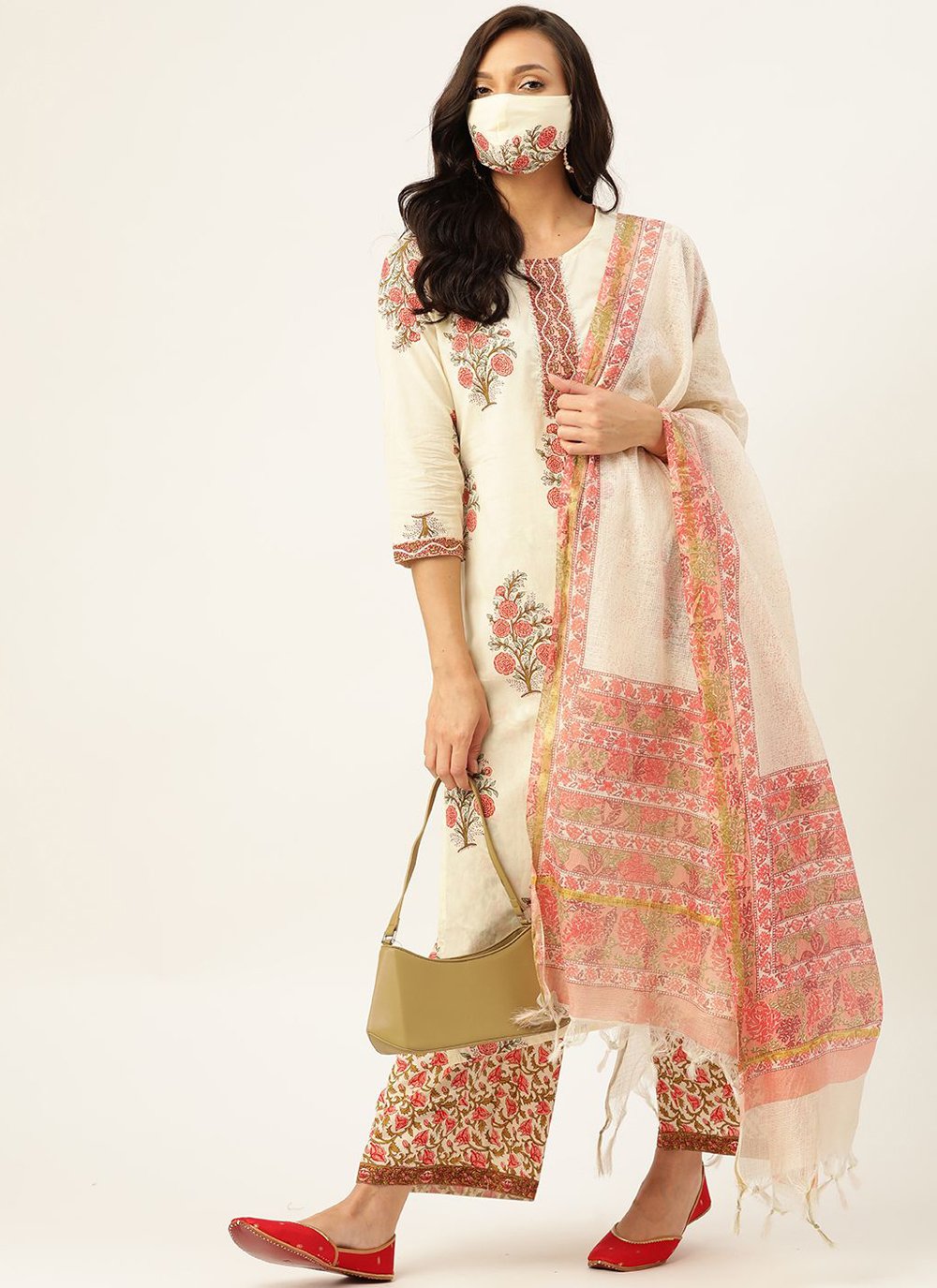 Print Cotton Readymade Suit in Off White