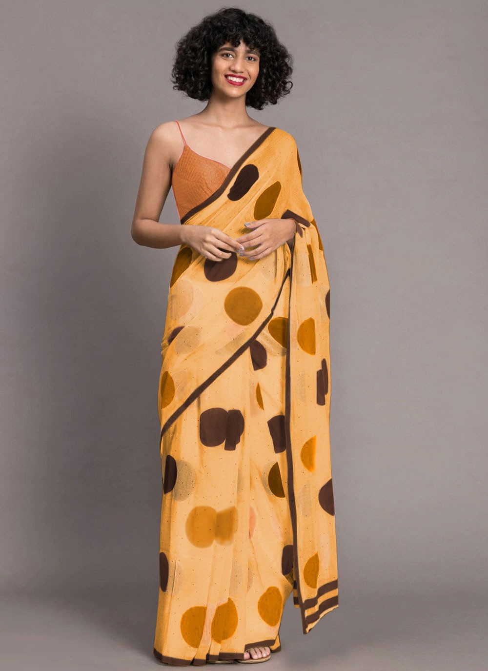 Print Faux Georgette Yellow Saree