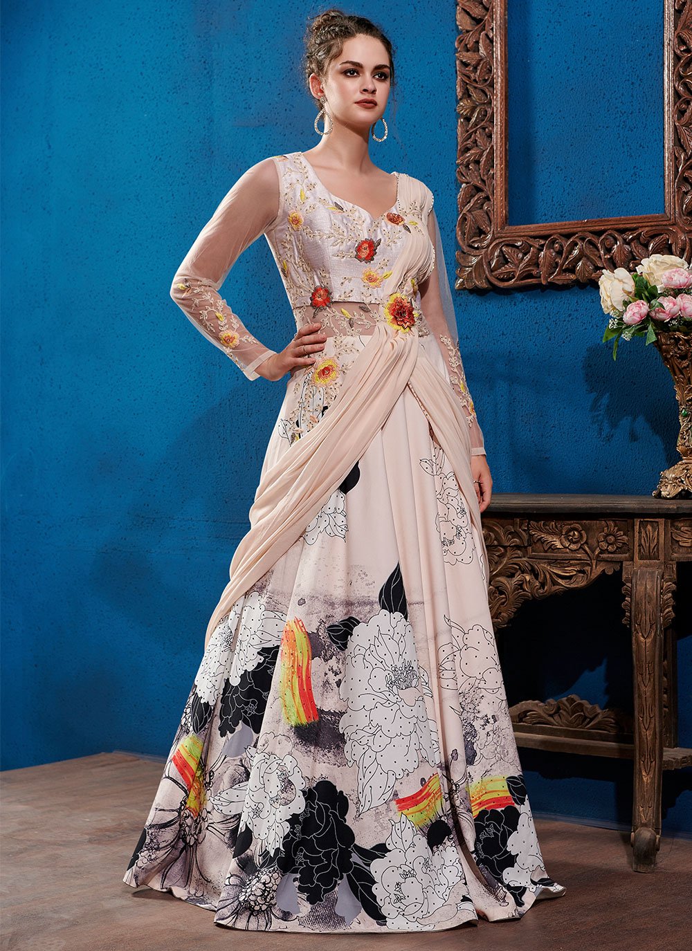 Print Multi Colour Fancy Fabric Designer Gown