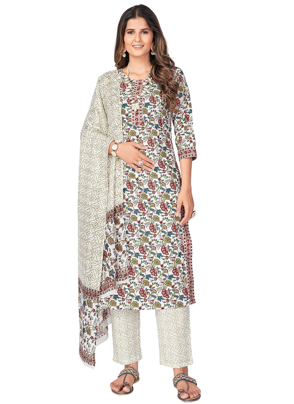 Print Off White Cotton Readymade Suit buy online