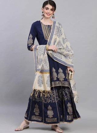 Print Silk Readymade Suit in Navy Blue