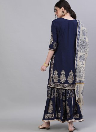 Print Silk Readymade Suit in Navy Blue