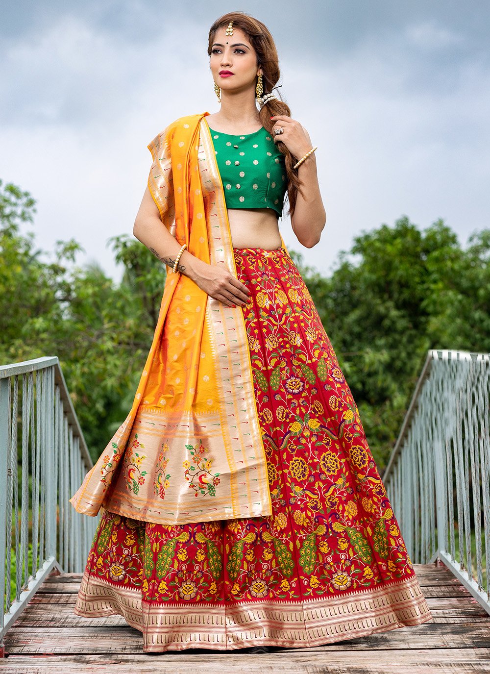 Buy Printed Banarasi Silk A Line Lehenga Choli in Red Online -