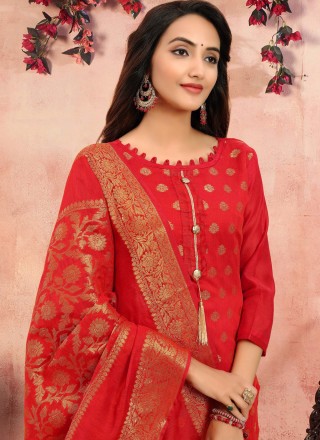 Printed Banarasi Silk Red Churidar Salwar Kameez