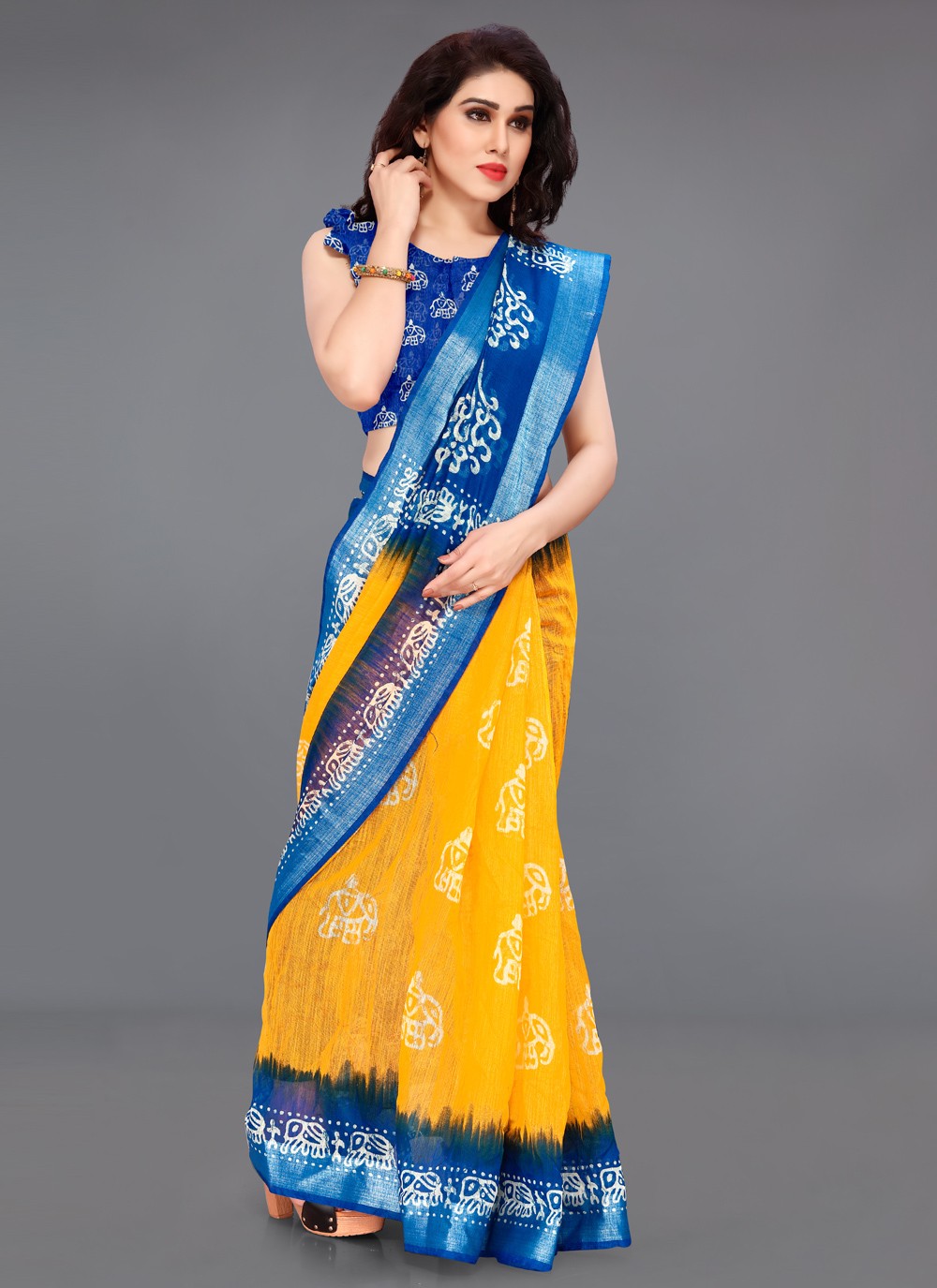 Shop Printed Blue and Yellow Cotton Printed Saree Online 172568