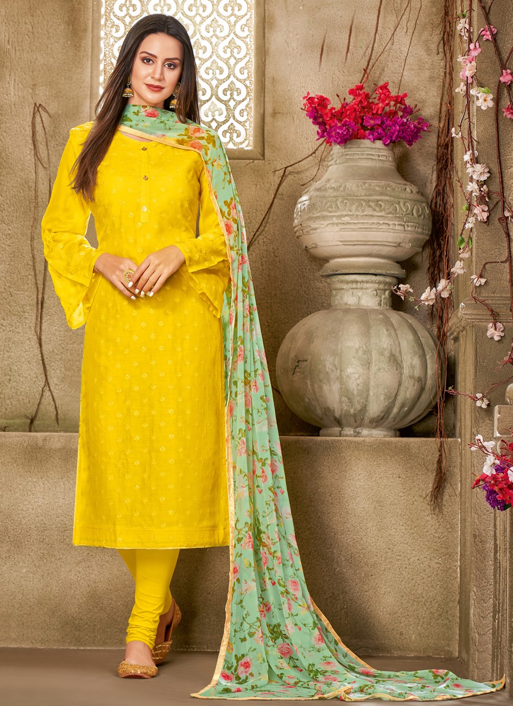 Printed Chanderi Cotton Yellow Churidar Designer Suit