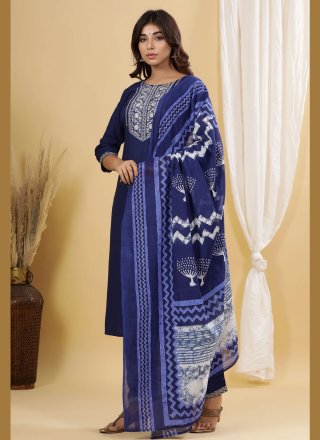 Printed Cotton Readymade Suit in Blue
