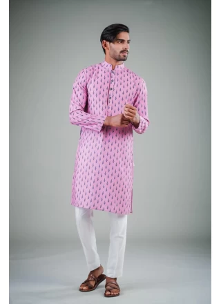 Printed Cotton Satin Kurta Pyjama in Pink