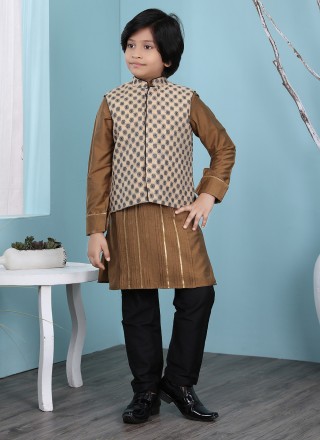 Printed Cotton Silk Beige and Brown Kurta Payjama With Jacket