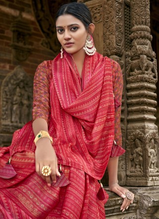 Printed Faux Chiffon Bollywood Saree in Red