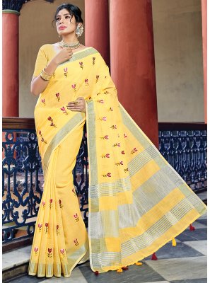 Printed Linen Yellow Classic Saree