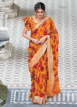 Printed Orange Designer Traditional Saree