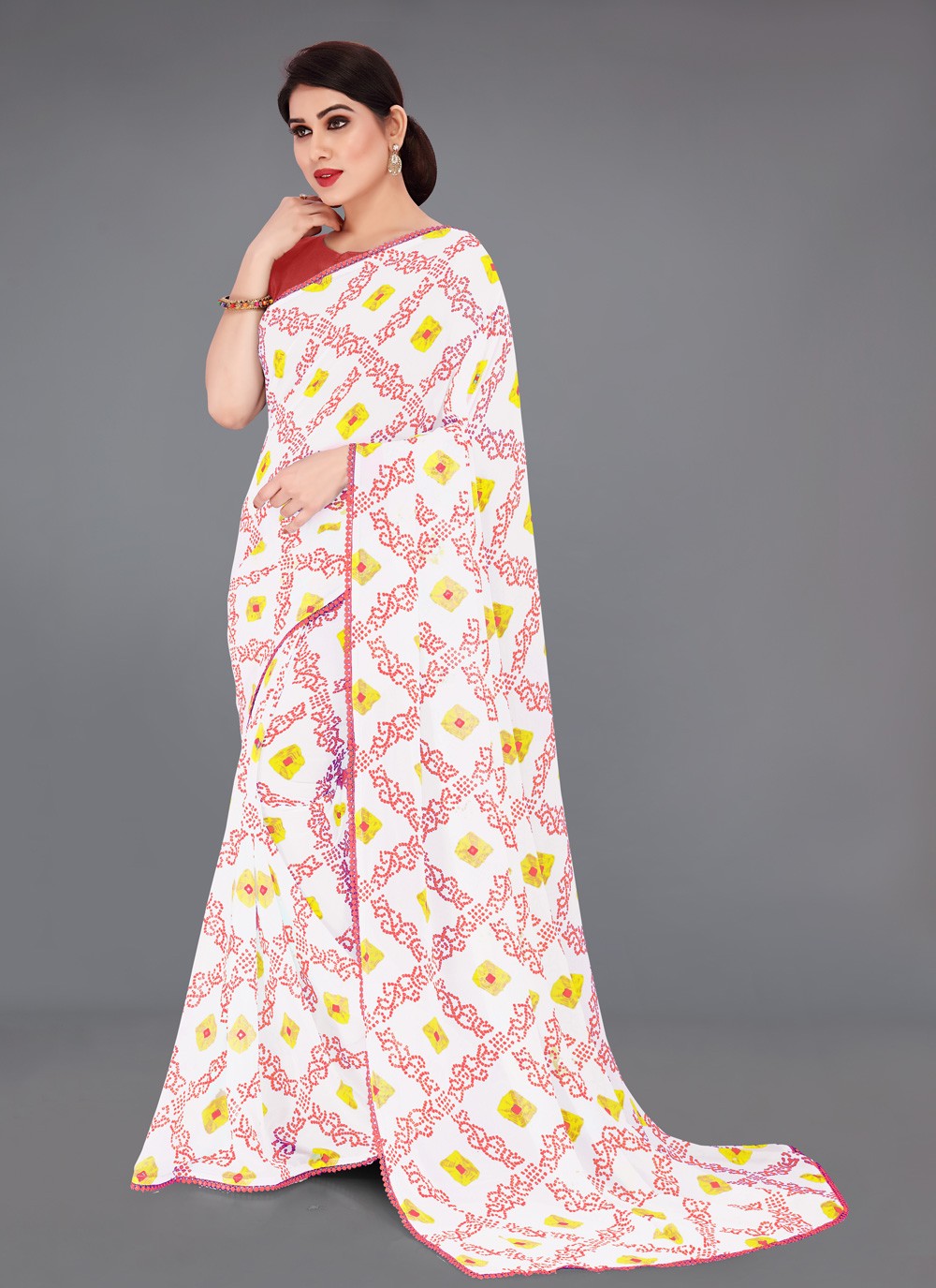 Printed Saree Abstract Print Faux Georgette in Off White