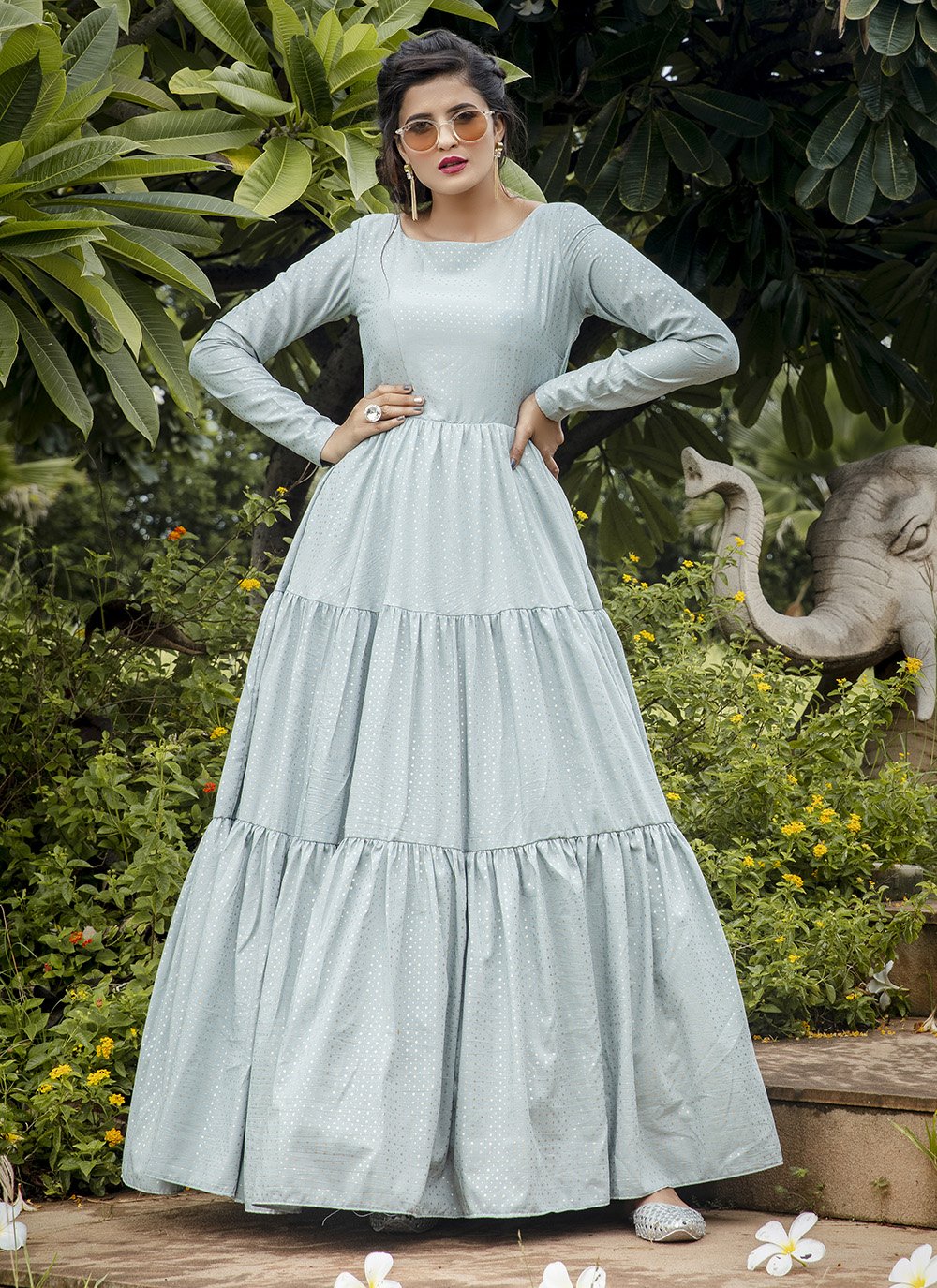 Printed Silk Silver Designer Gown