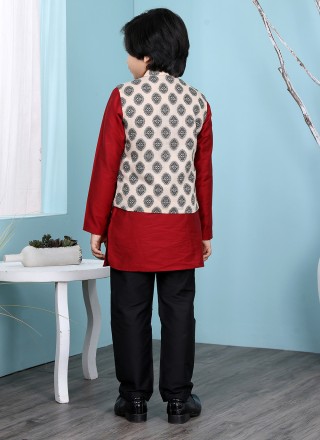 Printed Work Beige and Maroon Cotton Silk Kurta Payjama With Jacket