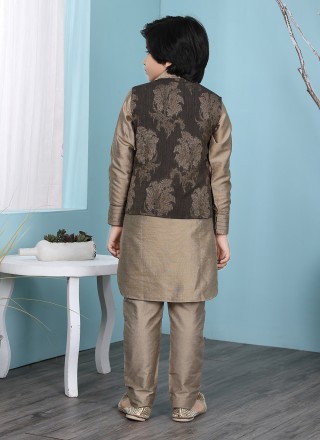 Printed Work Cotton Silk Brown Kurta Payjama With Jacket