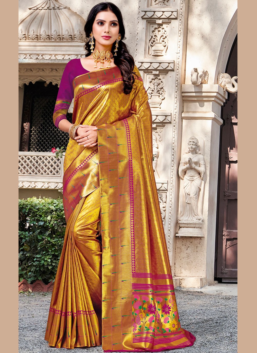 Purple and Yellow Silk Designer Traditional Saree