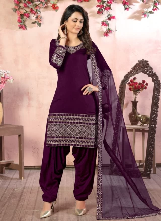 Purple Ceremonial Art Silk Designer Patiala Suit