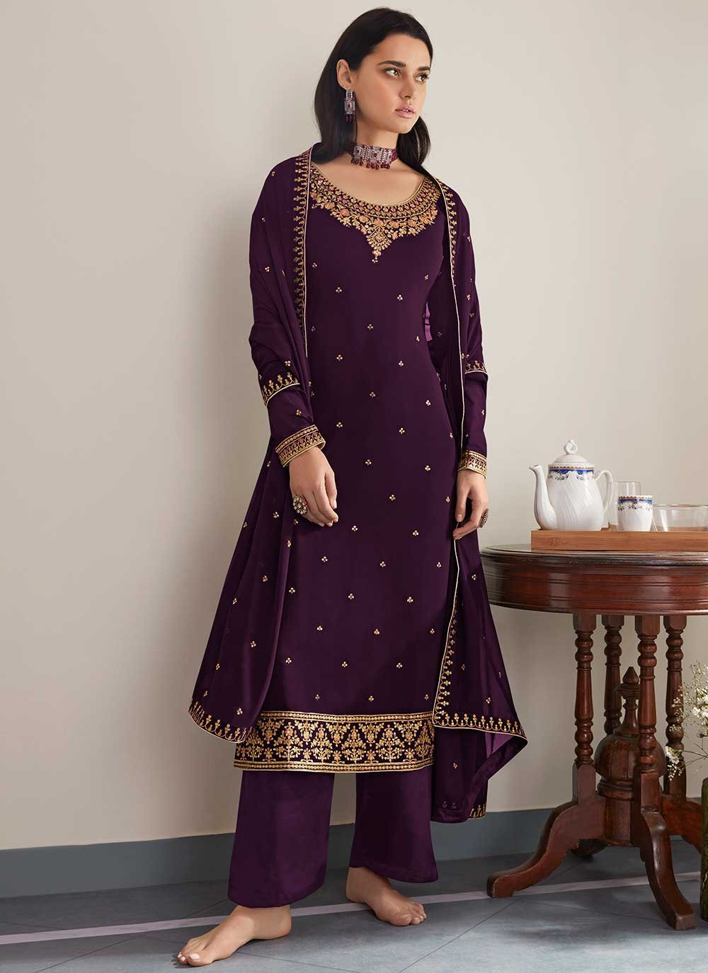 Buy Purple Yoke Design Silk Blend Straight Sharara Suit Set With Dupatta  Online at Rs.1849 | Libas