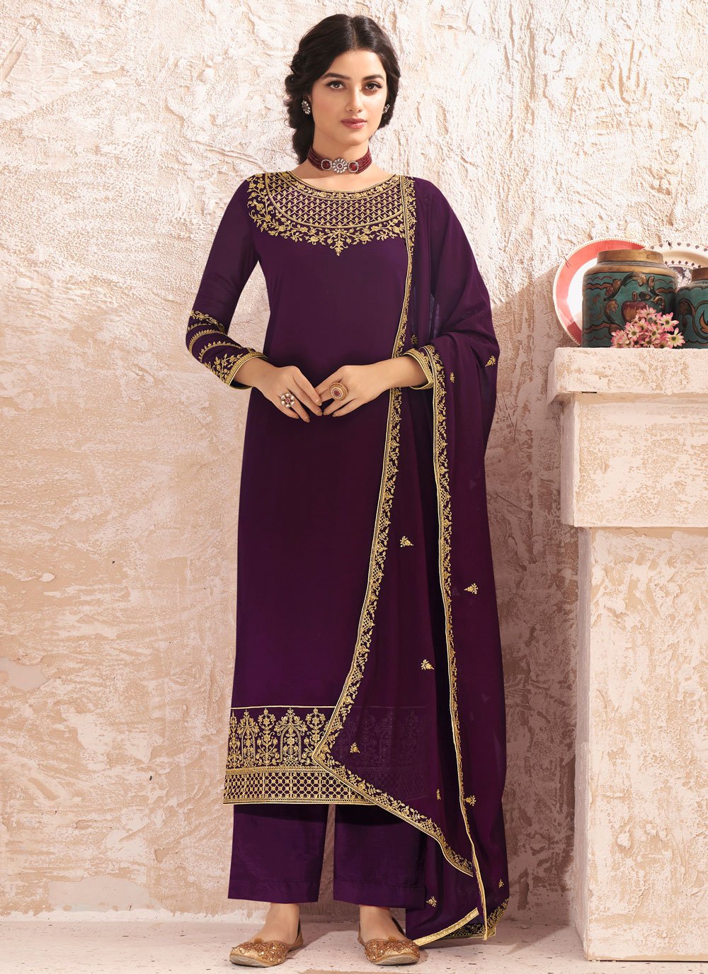Purple Embroidered Faux Georgette Designer Pakistani Salwar Suit