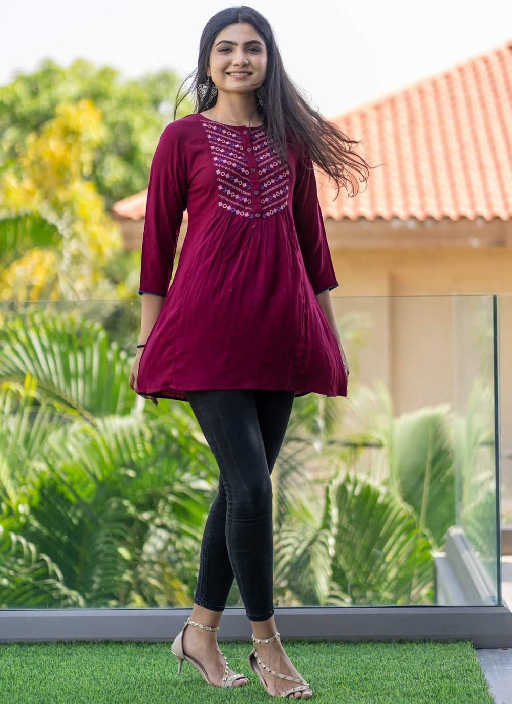 Purple Embroidered Party Wear Kurti