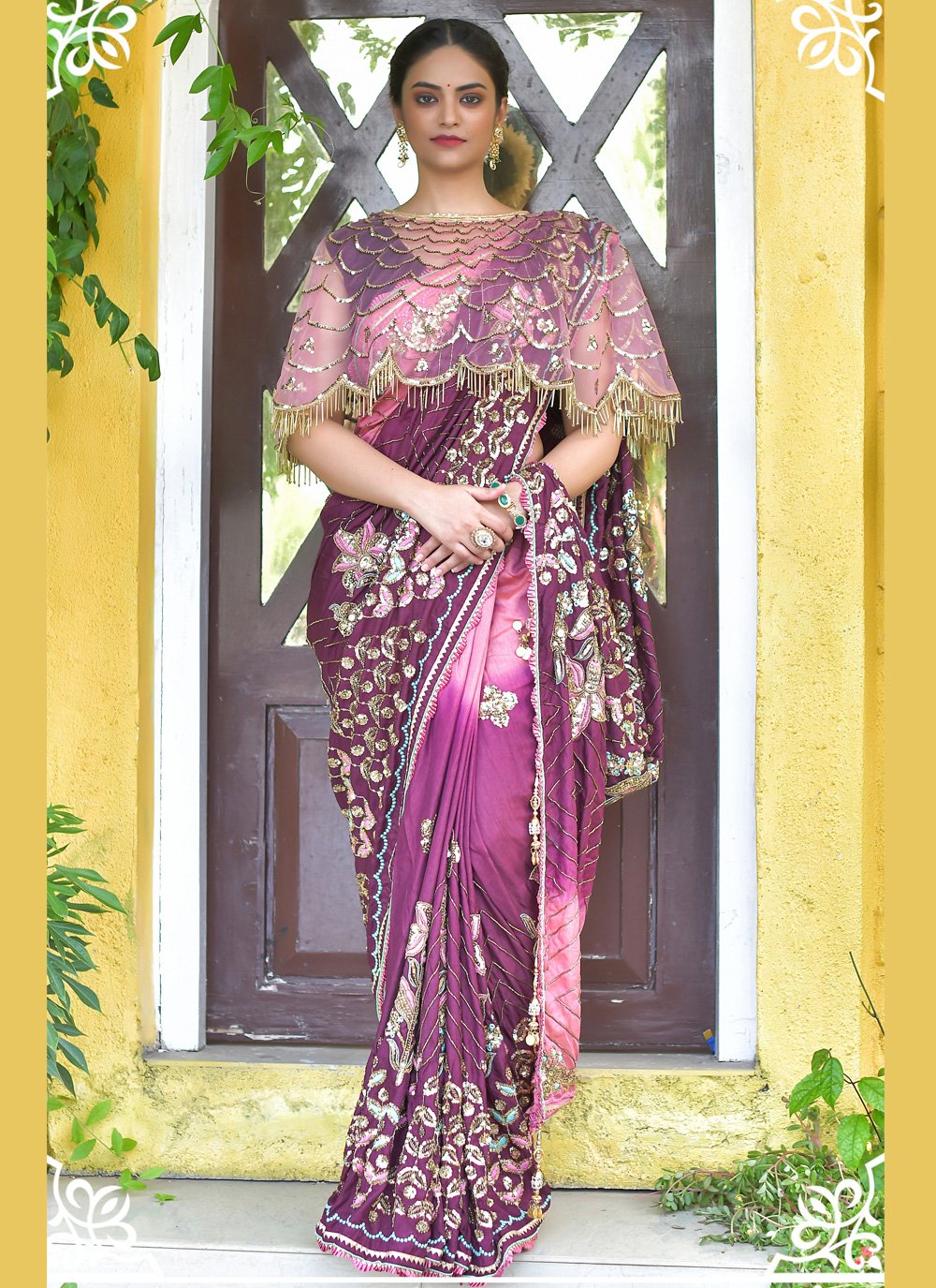 Purple Handwork Silk Classic Designer Saree