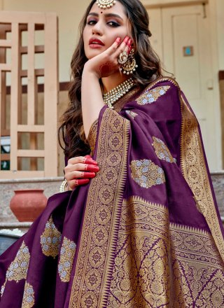Purple Jacquard Silk Festival Traditional Saree