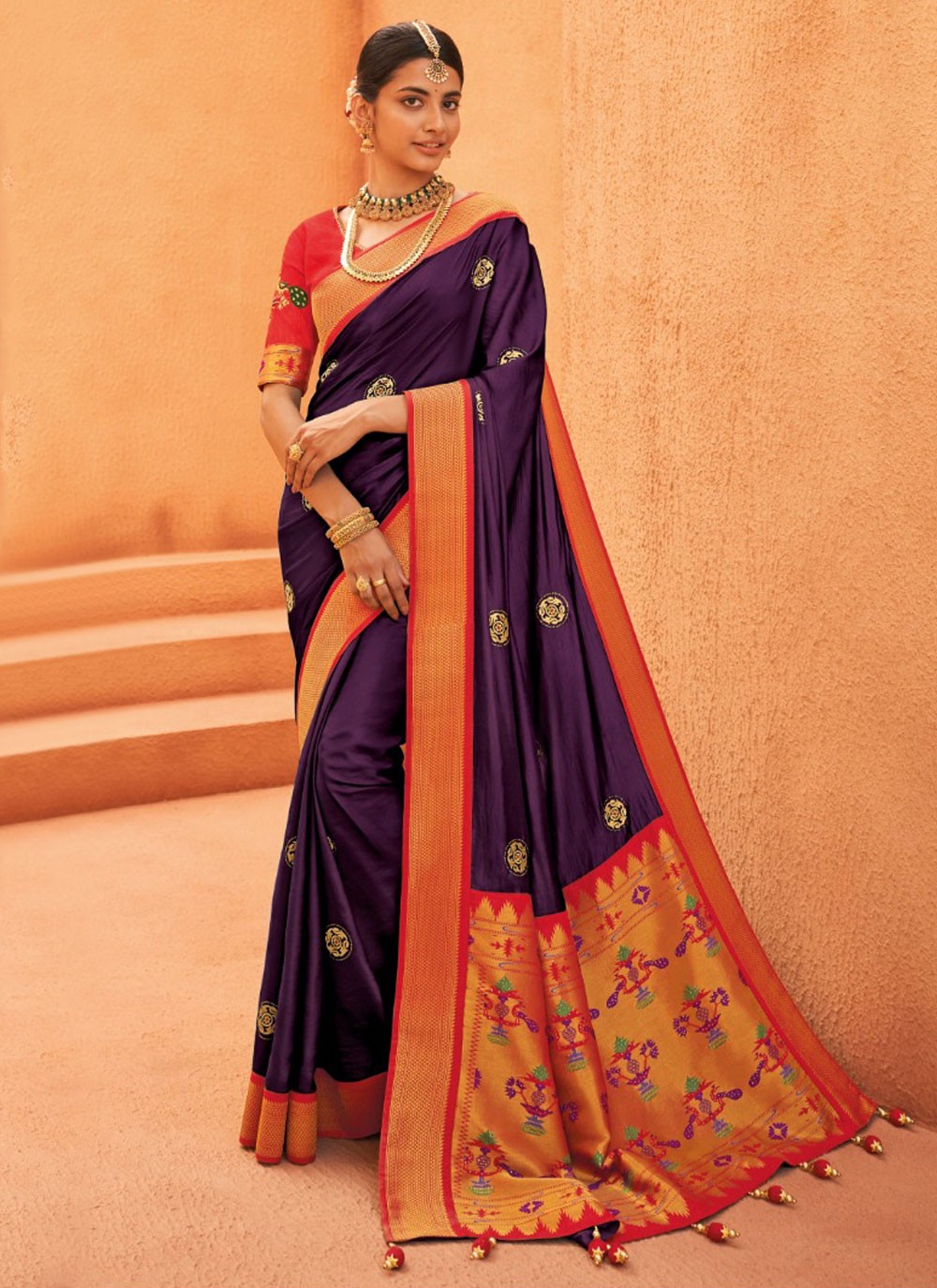 Mesmerizing Dark Purple And Yellow Color Banarasi Silk Saree
