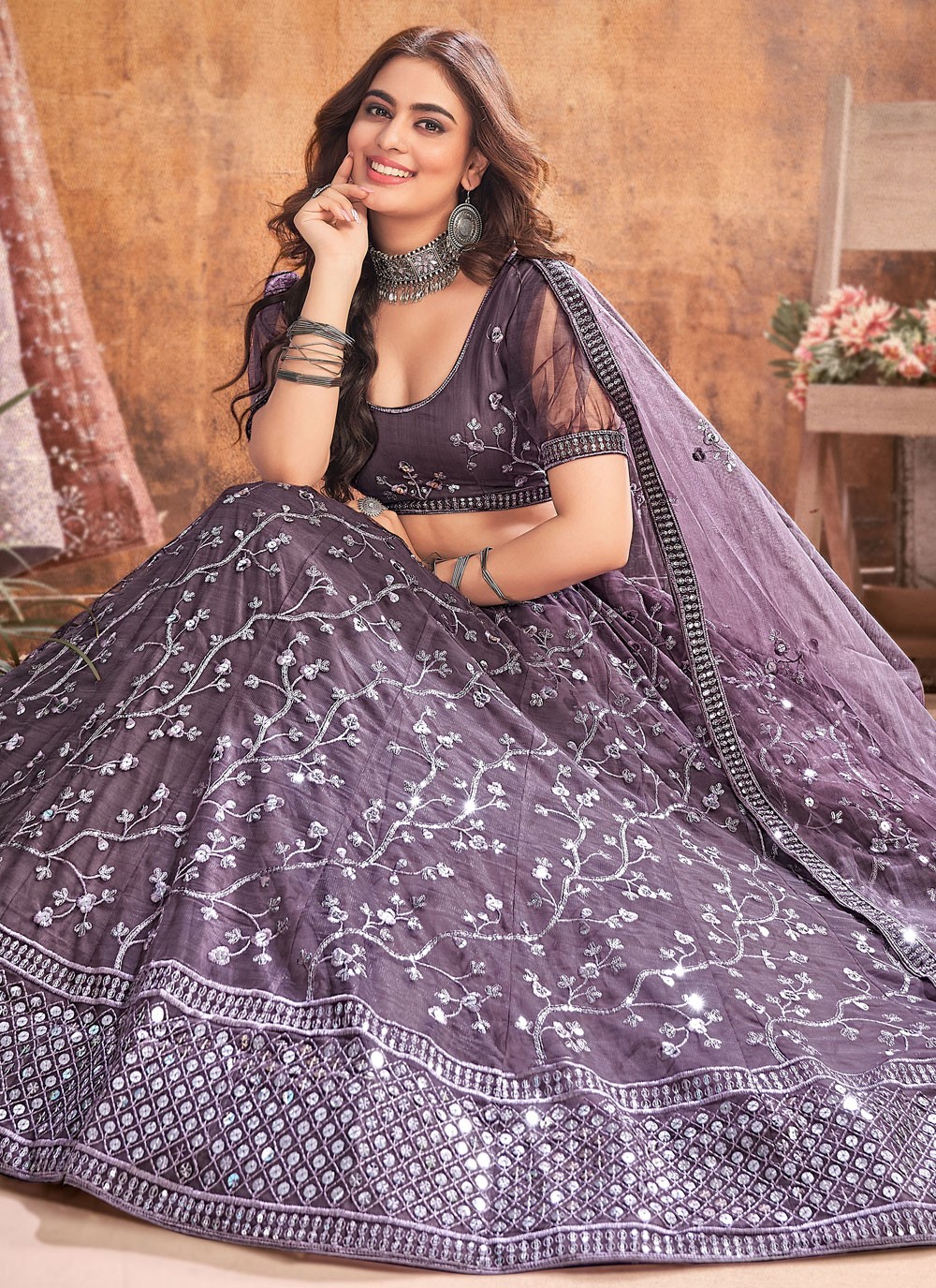 Purple Lehenga Paired With Blush Pink Blouse With Dupatta Set