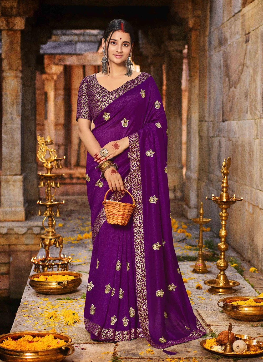 Purple Vichitra Silk Embroidered Classic Saree