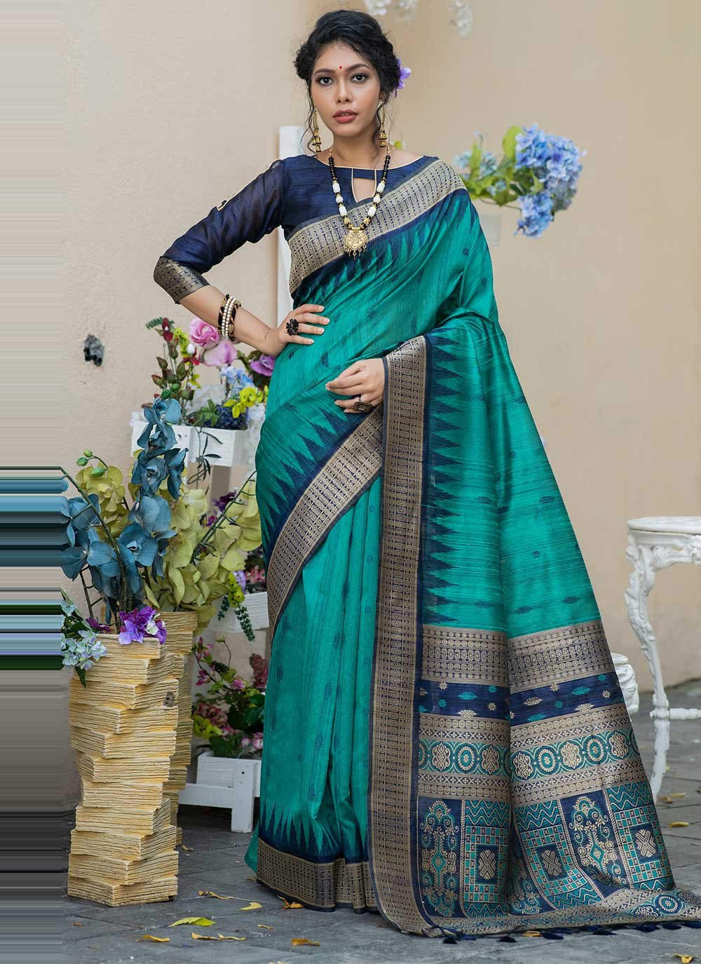 Rama Tussar Silk Designer Traditional Saree