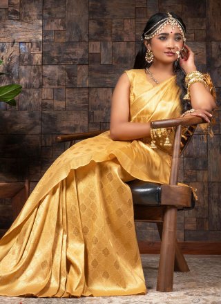 Raw Silk Fancy Yellow Traditional Designer Saree