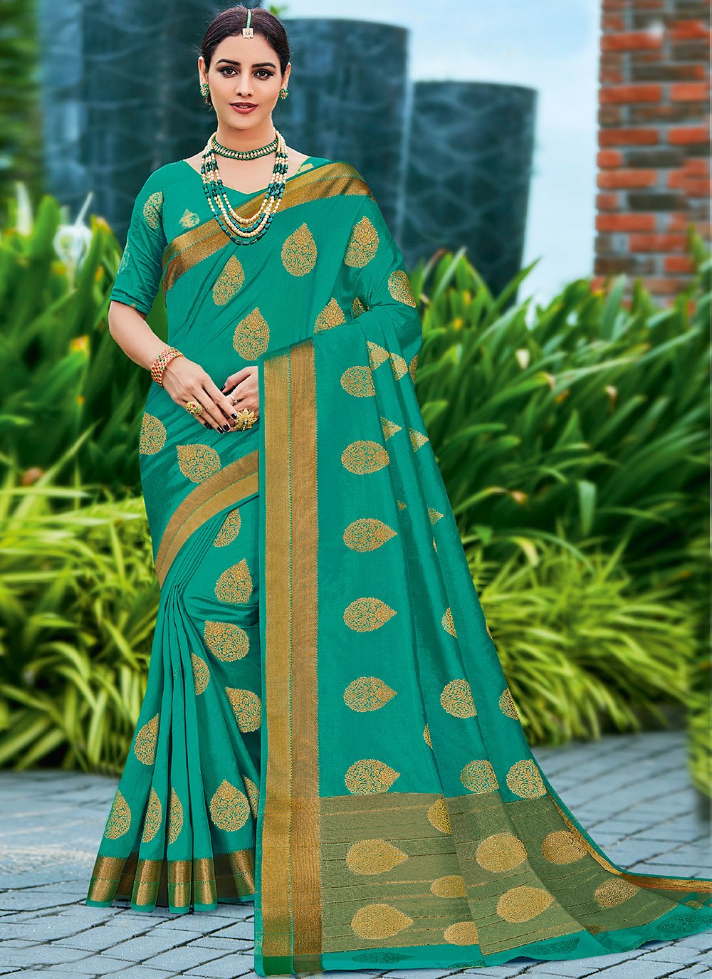 Raw Silk Woven Turquoise Traditional Saree