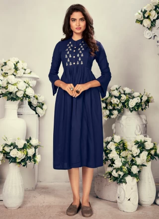 Rayon Blue Embroidered Party Wear Kurti