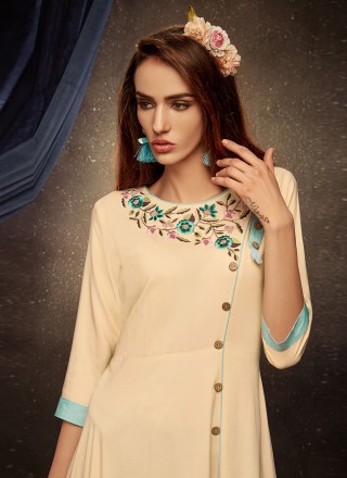 Rayon Cream Embroidered Party Wear Kurti