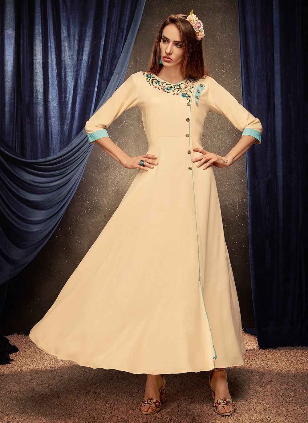 Rayon Cream Embroidered Party Wear Kurti