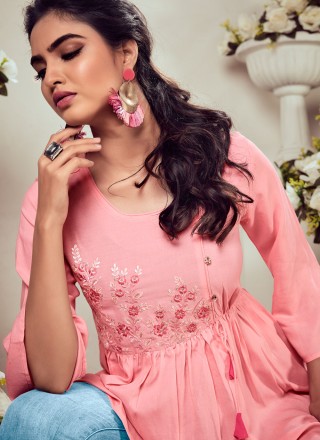 Rayon Embroidered Pink Party Wear Kurti