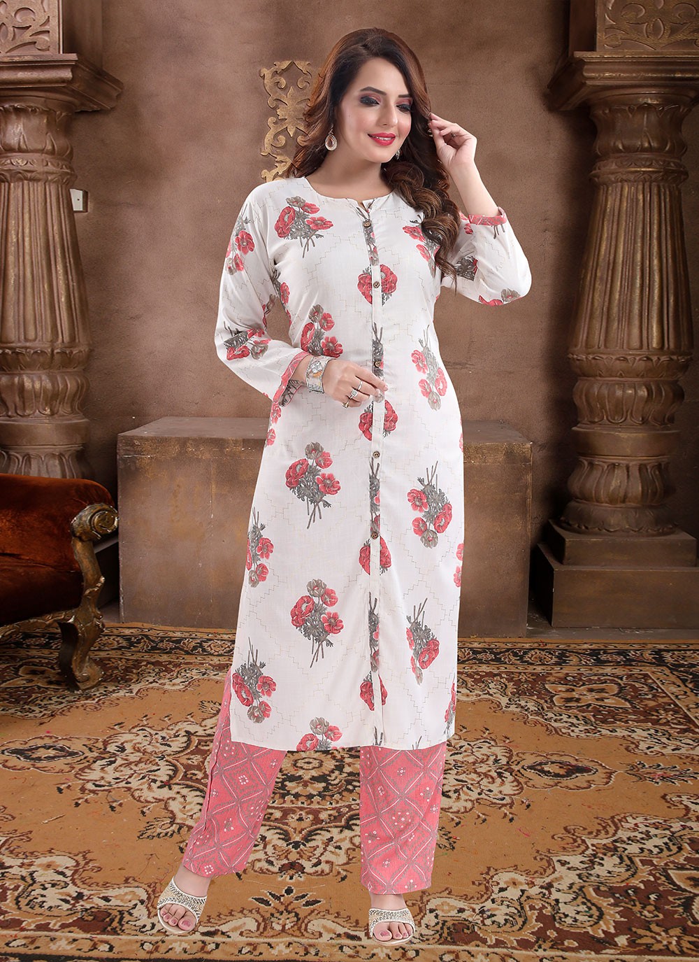 Rayon Print Off White and Pink Party Wear Kurti