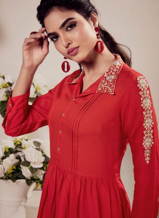 Rayon Red Embroidered Party Wear Kurti
