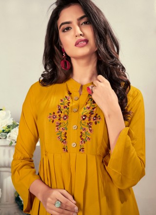 Rayon Yellow Embroidered Party Wear Kurti