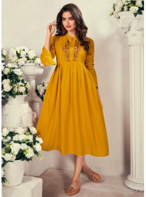 Rayon Yellow Embroidered Party Wear Kurti